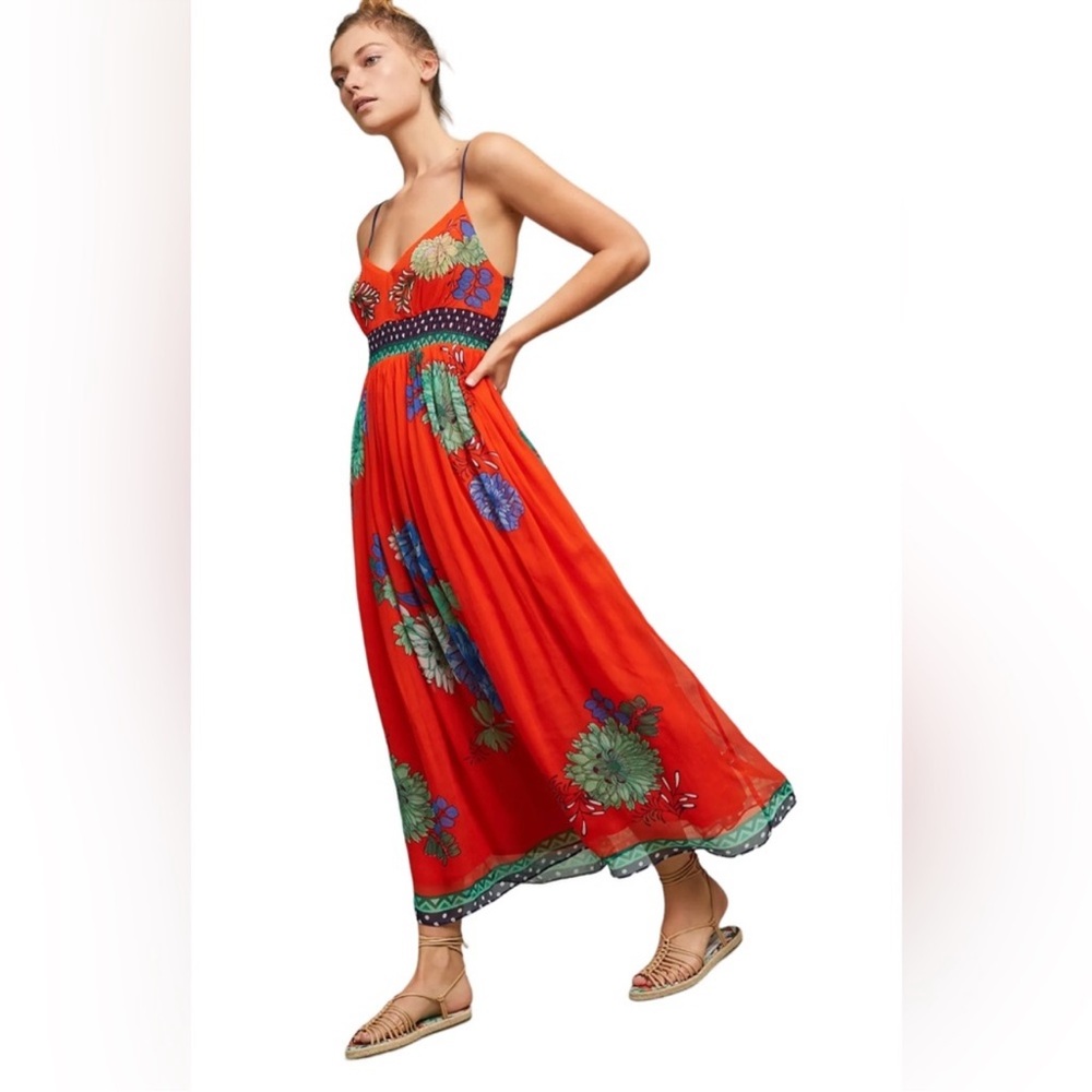 Anthropologie Maeve Floral Orange Maxi Dress 12 L